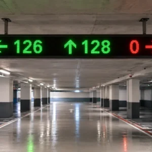 IoT-based smart indoor LED signage display 1000x200mm showing parking guidance arrows and numbers in underground garage