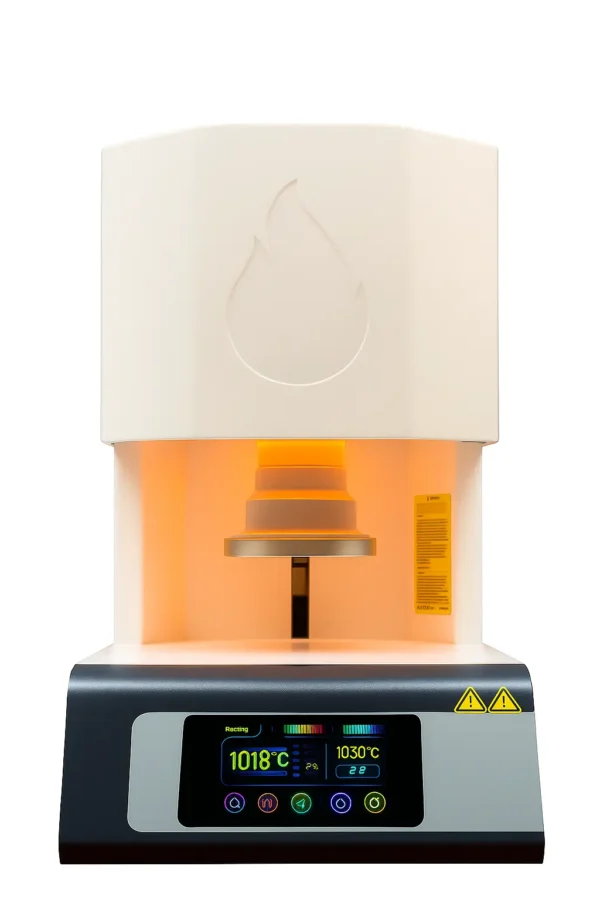 Smart IoT-enabled dental sintering furnace with automatic lift, touchscreen control, and zirconia/porcelain prosthetic sintering capability.
