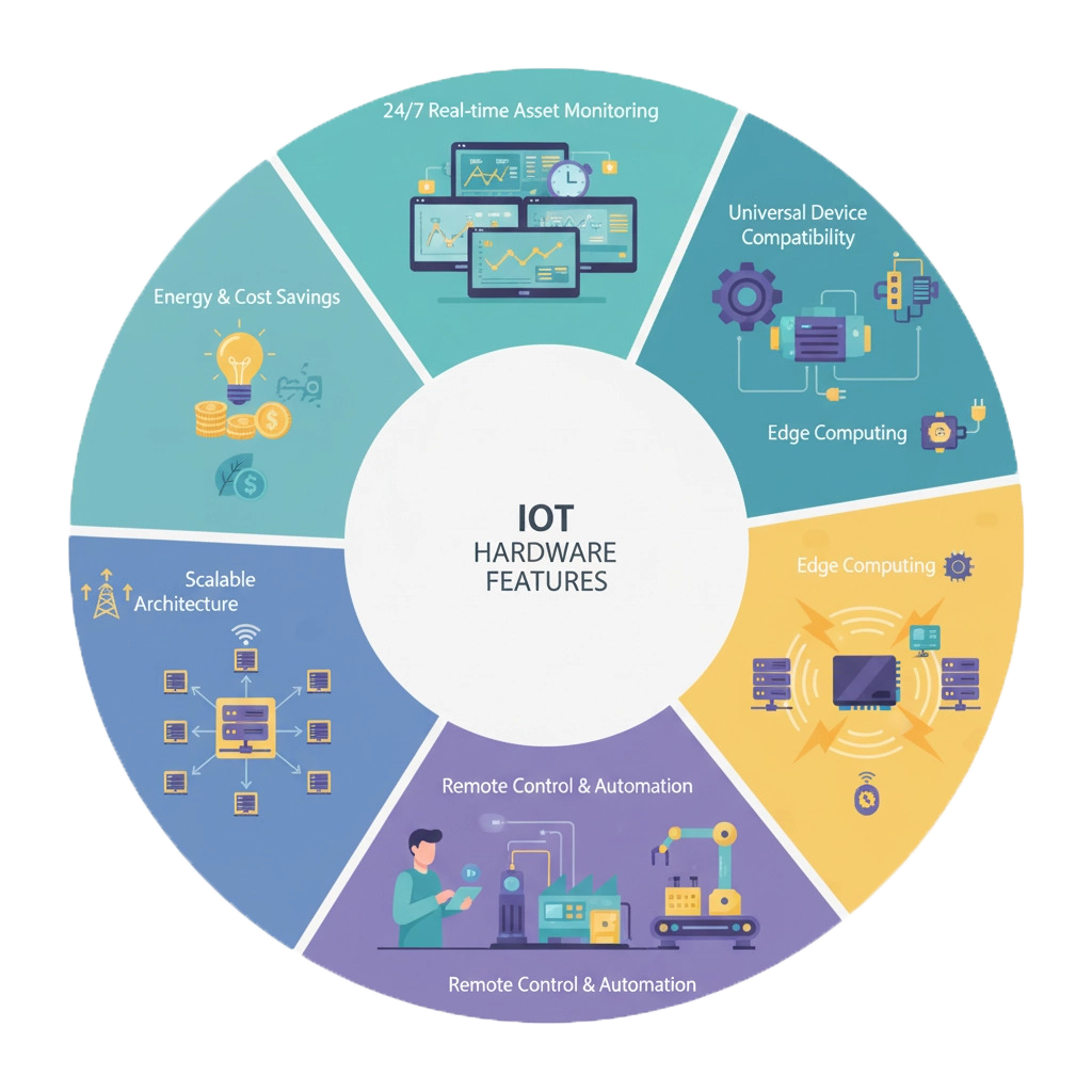 IoT hardware features including real-time monitoring, universal device compatibility, scalable architecture, and energy savings