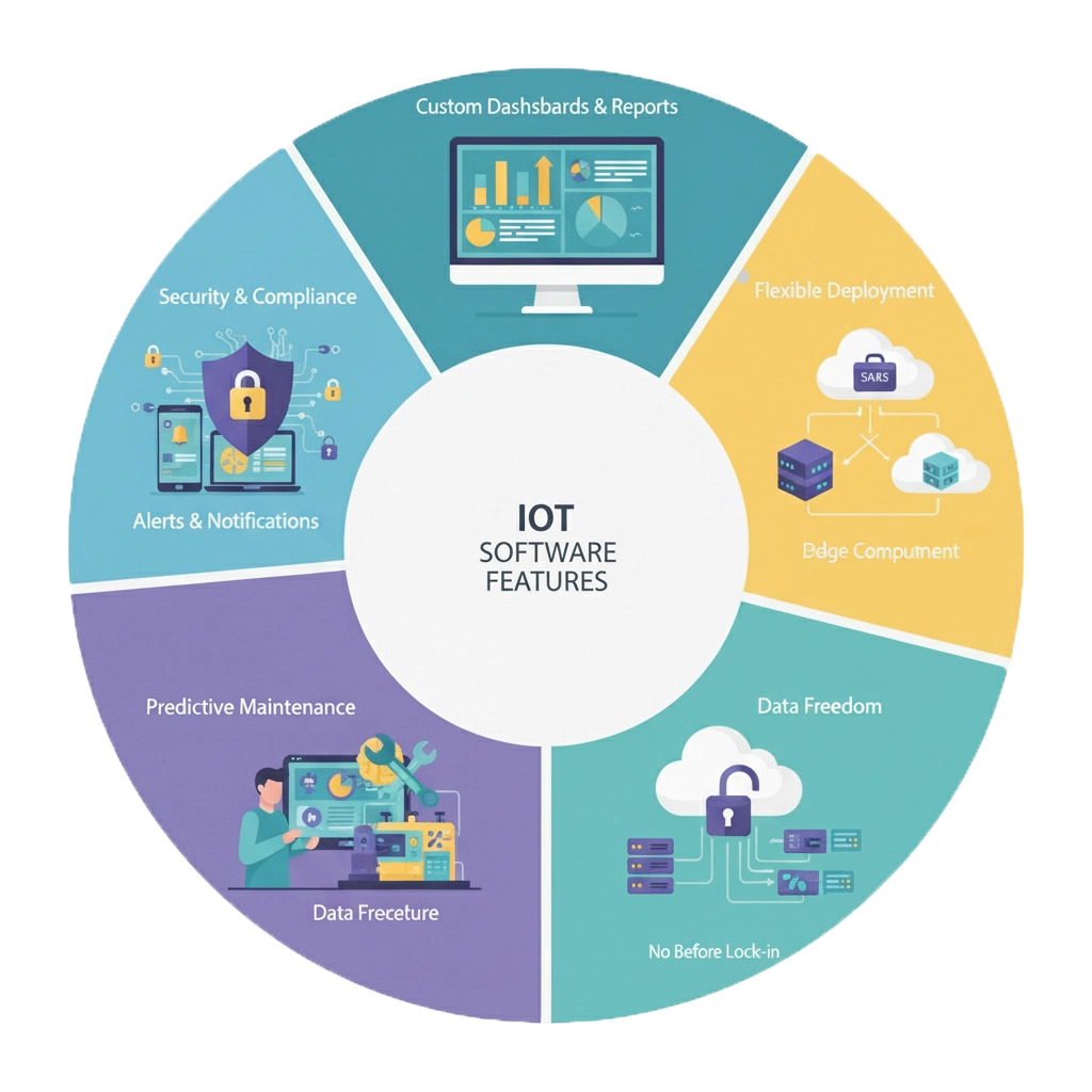 IoT software features with custom dashboards, predictive maintenance, flexible deployment, and enterprise-grade security