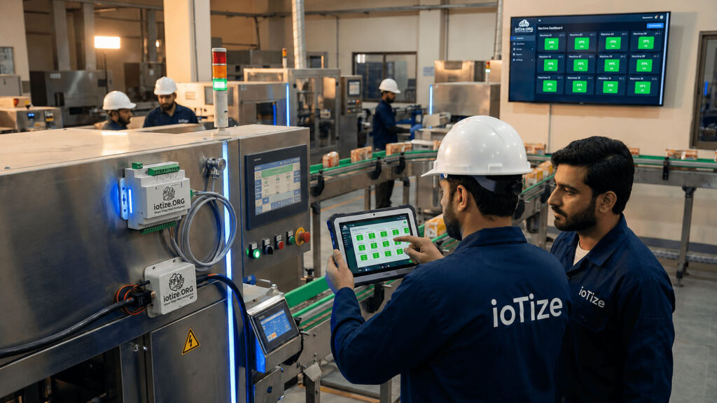 IoTize engineer installing predictive maintenance sensors on a Pakistani factory production line, with a monitoring dashboard visible in the background.