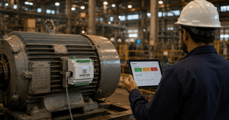IIoT vibration and temperature sensor mounted on an industrial motor in a Pakistani factory, with a tablet displaying real-time predictive maintenance data.