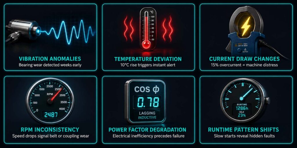 Six early warning signals detected by IIoT predictive maintenance sensors: vibration, temperature, current, RPM, power factor, and runtime patterns.