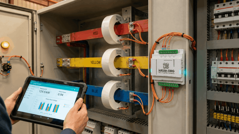 Three-phase IoT energy monitoring CT sensors installed on red, yellow, and blue busbars inside an industrial electrical panel in Pakistan — IoTize real-time energy monitoring system.