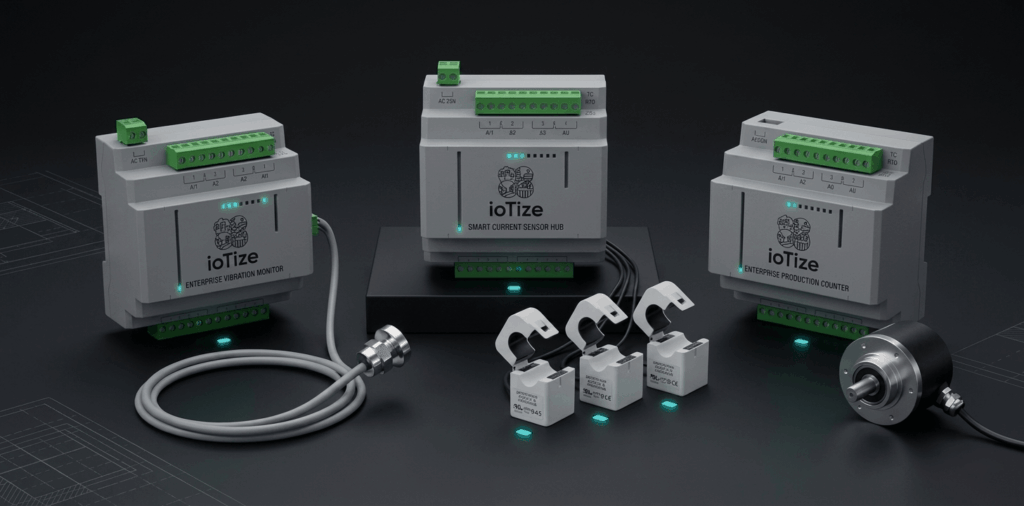 IoTize Industrial IoT sensor lineup: vibration monitoring, three-phase energy monitoring, and production counter for Pakistani factories.