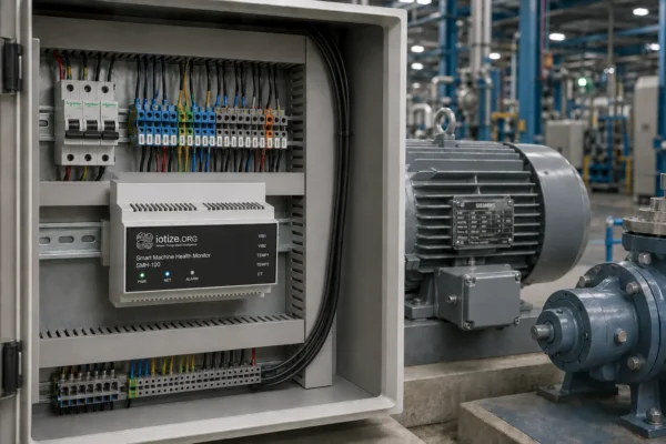 IoTize Smart Machine Health Monitor installed in industrial control panel for motor predictive maintenance