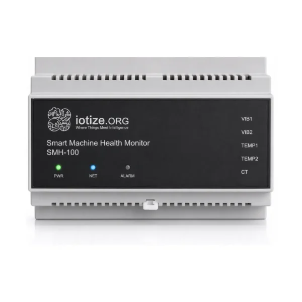 IoTize SMH-100 Smart Machine Health Monitor front panel showing vibration temperature and current inputs