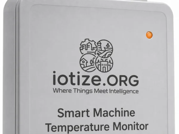 Close-up of IoTize Smart Temperature Monitor face panel showing logo, model label, and status LED