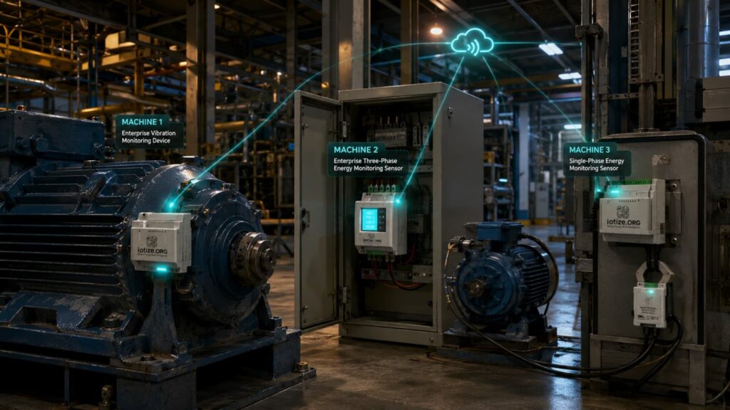Multiple IoTize IIoT sensors installed across factory machines as part of a predictive maintenance strategy
