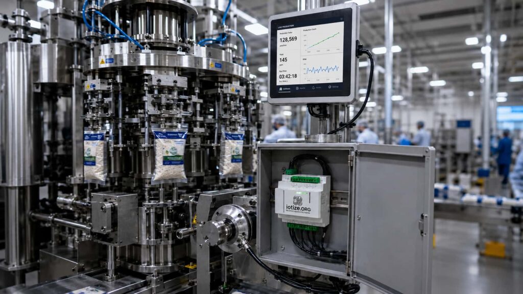 IoTize live production dashboard showing real-time machine count and RPM on a packaging line