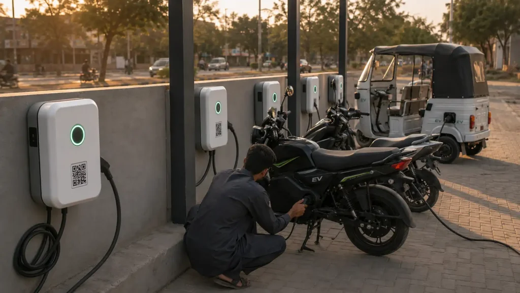 A wall-mounted AC EV charger with a QR code at a covered forecourt, ready to run on white label charging software.