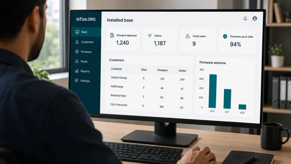 An EV charger maker monitors its entire installed base of chargers across many customers on one web dashboard.
