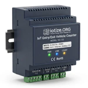 IoTize IoT Entry/Exit Vehicle Counter VC-100, DIN-rail industrial controller with digital sensor inputs and RS485, Modbus TCP output