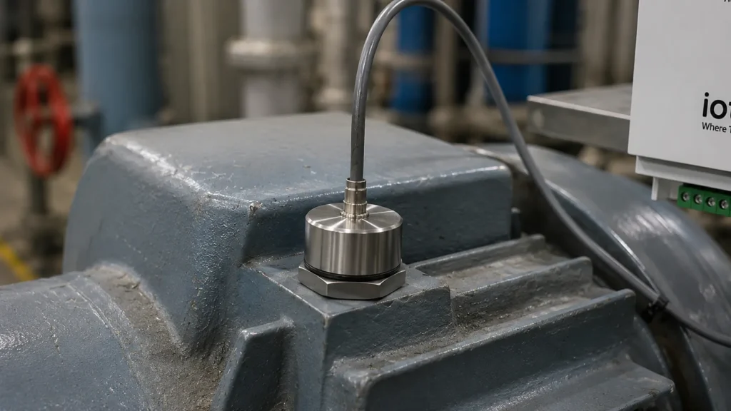 IoT vibration sensor mounted on an industrial electric motor for motor failure detection