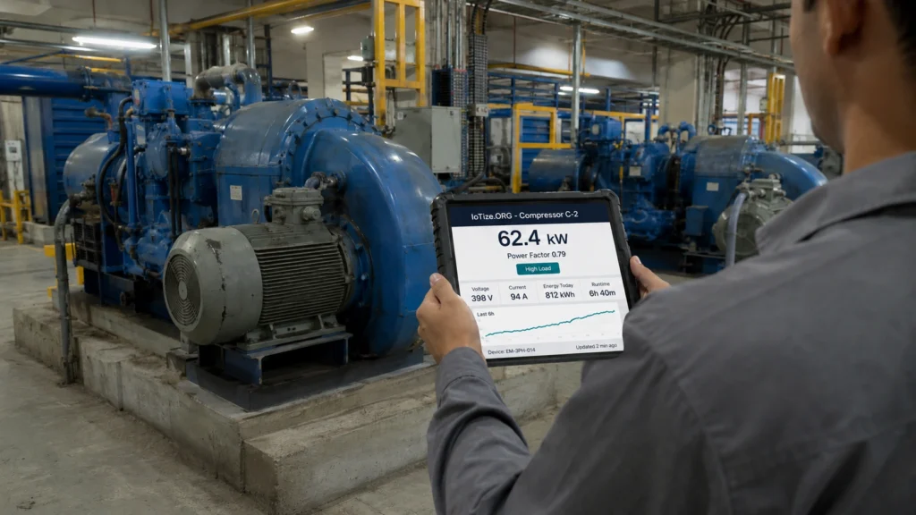 Technician reviewing IoTize IoT energy monitoring data on a tablet beside industrial air compressors on a factory floor. 