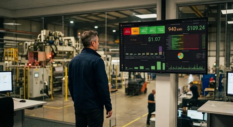 IoTize engineer reviewing live energy monitoring dashboard on large wall-mounted screen showing 940 kWh consumption and real-time power data in factory control room