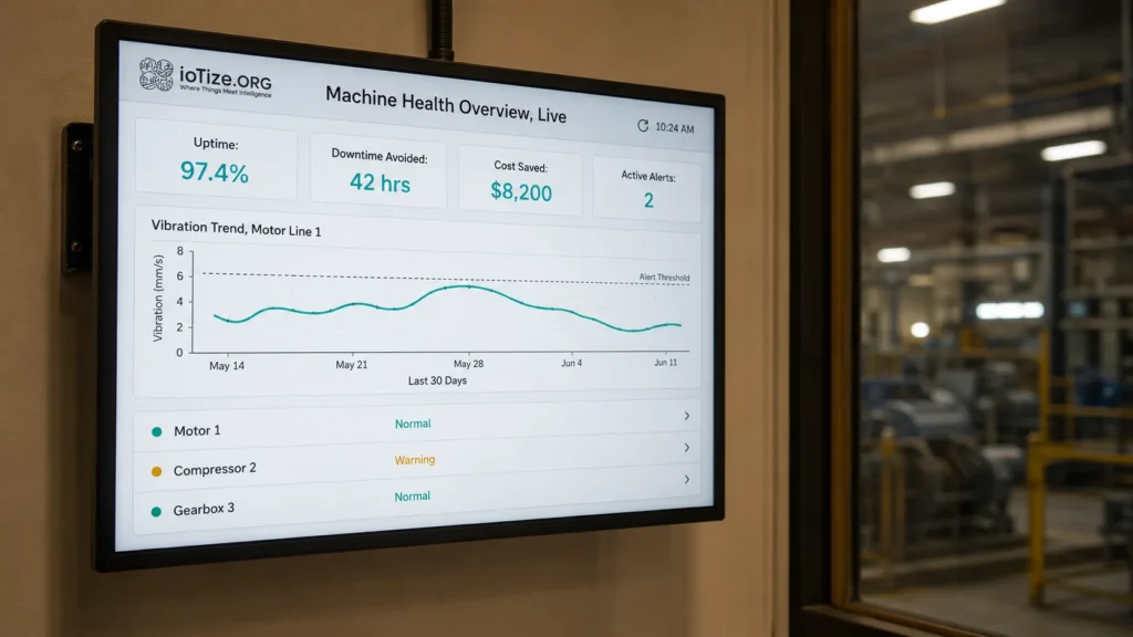  IoTize machine health monitoring dashboard on a control-room monitor showing uptime and cost-saving trends