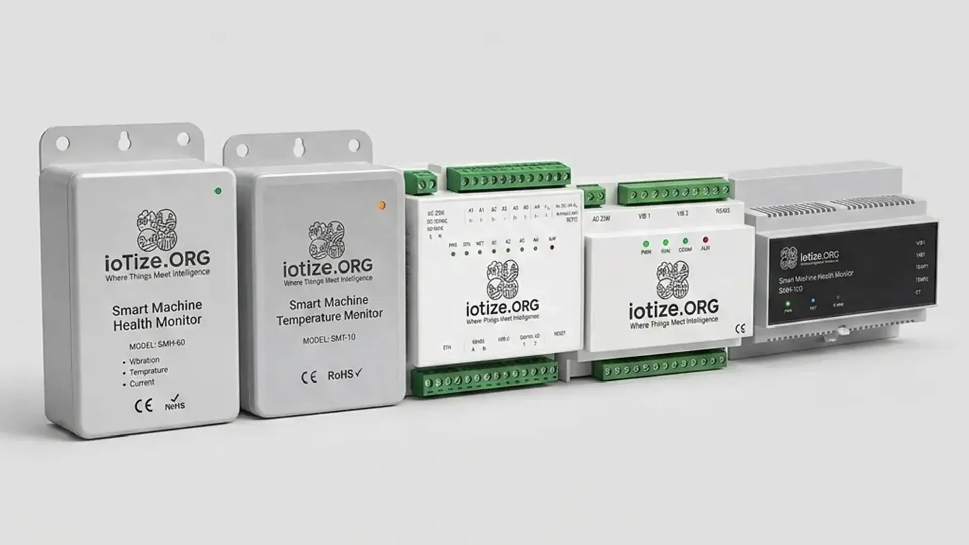 IoTize predictive maintenance device lineup: Enterprise vibration, dual-point health, and energy sensors beside the Affordable $99 health monitor and $59 temperature sensor