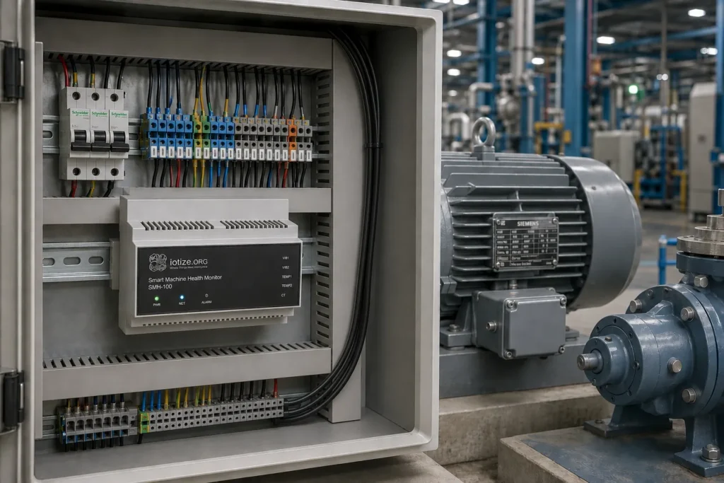  IoTize Smart Machine Health Monitor SMH-100 installed inside an industrial control panel next to a motor and pump