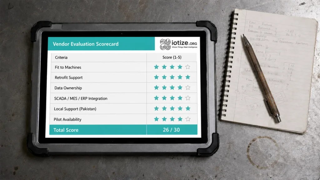 Predictive maintenance vendor evaluation checklist shown on a tablet next to a maintenance engineer's notebook