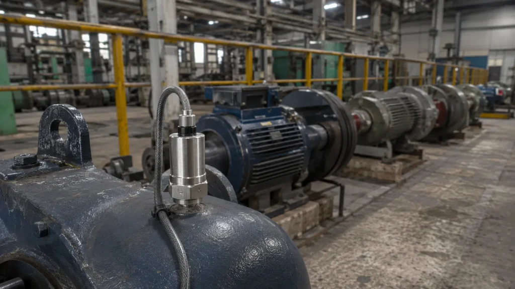 IoTize Enterprise IoT Vibration Monitoring Device mounted on a motor bearing housing on a Pakistani factory floor
