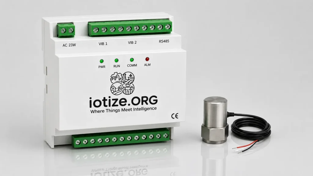 IoTize IoT vibration monitoring device with terminal blocks and vibration probe sensor for predictive maintenance