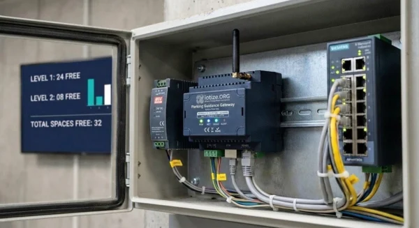 IoTize Parking Guidance Gateway IoT edge controller mounted on a DIN rail inside a roadside parking field cabinet