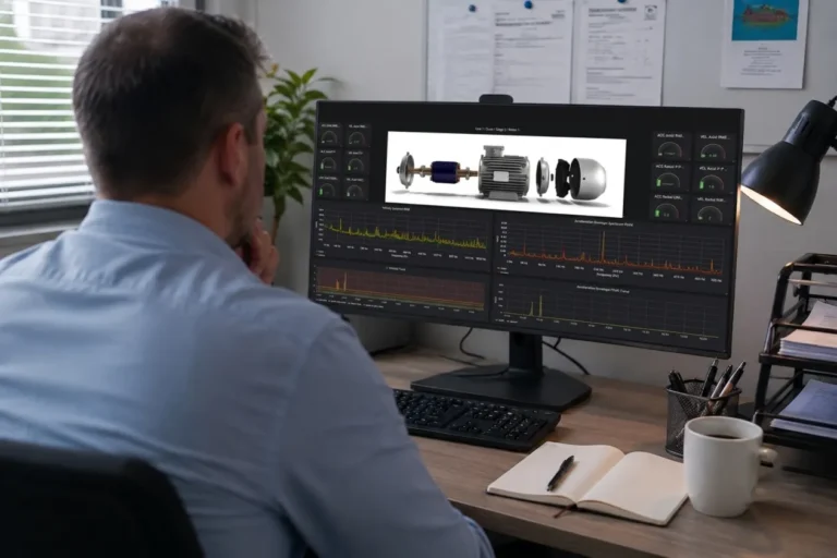 Engineer reviewing a predictive maintenance vibration analysis dashboard with frequency spectrum charts on a motor