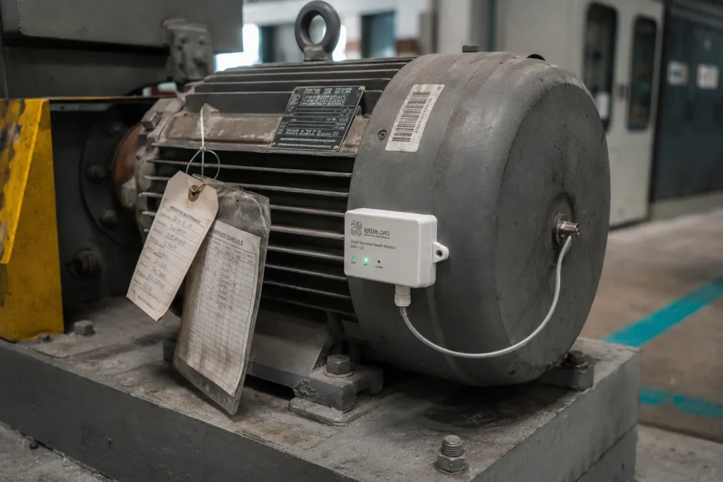 Predictive vs preventive maintenance shown on a factory motor with maintenance tags and an IoT sensor