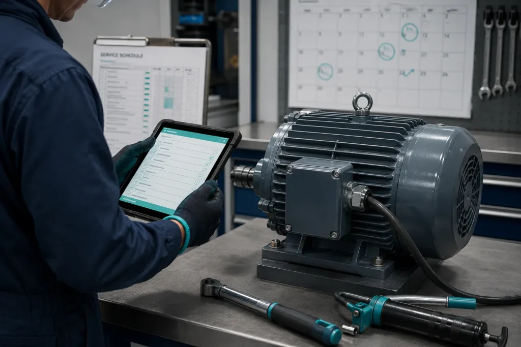 Technician completing a preventive maintenance checklist on a tablet beside a scheduled service calendar