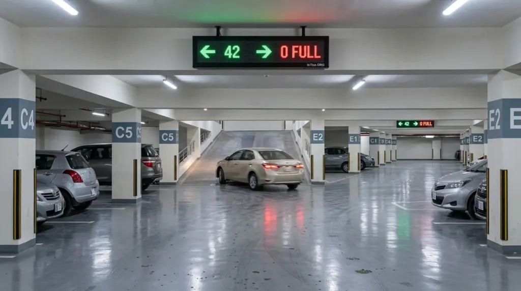 Directional LED parking guidance signs inside a shopping mall garage pointing drivers to available spaces