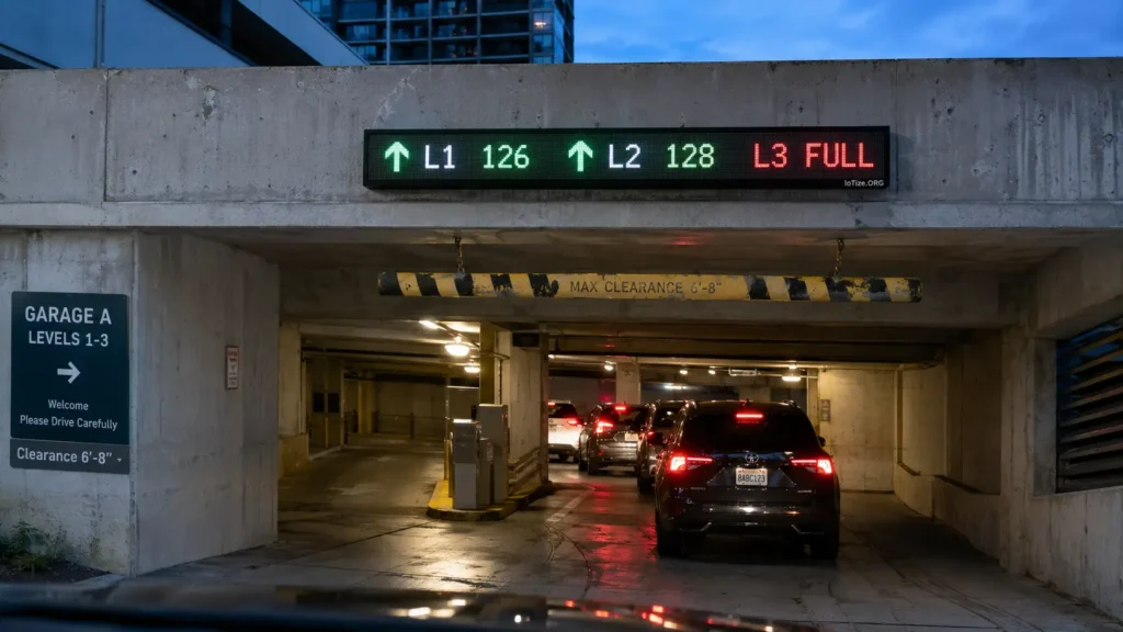  Full-color LED parking guidance sign over a multi-level garage entrance directing cars to available spaces in a smart parking solution