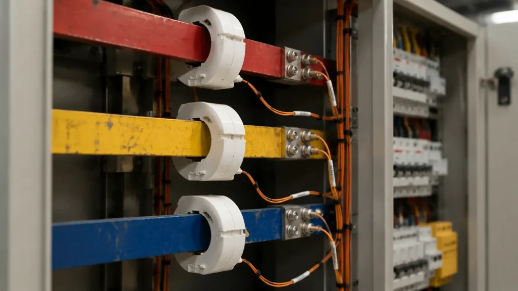 Three split-core CT current transformer clamps installed on red, yellow, and blue three-phase busbars inside industrial switchgear cabinet