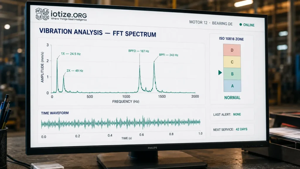 FFT vibration spectrum on an IoT dashboard used for motor vibration analysis