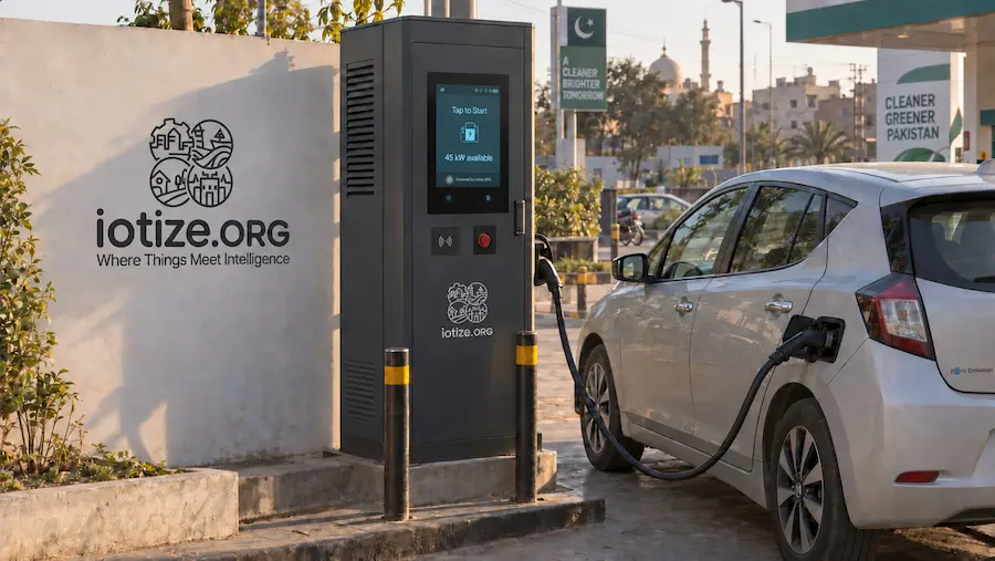 Freestanding DC charger connected to an electric car at a Pakistani charging site