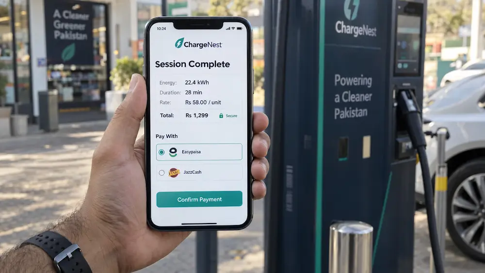 ChargeNest EV charging app showing session details and Easypaisa and JazzCash payment options.
