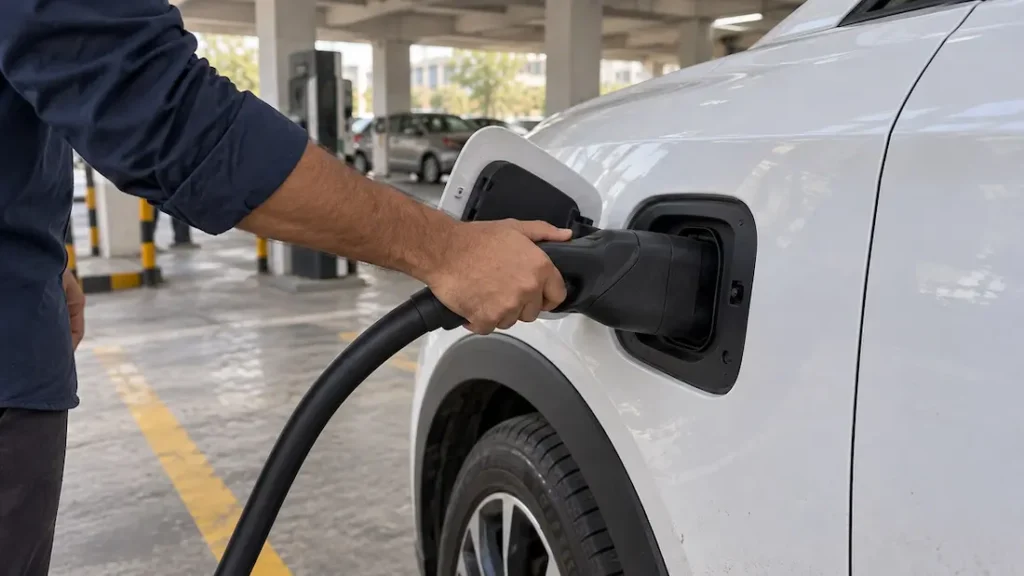 Driver holds a CCS2 charging connector plugged into a white electric car in a covered parking area.