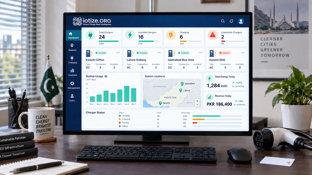 IoTize charge point management dashboard showing live OCPP charger status, sessions and energy use in Pakistan.
