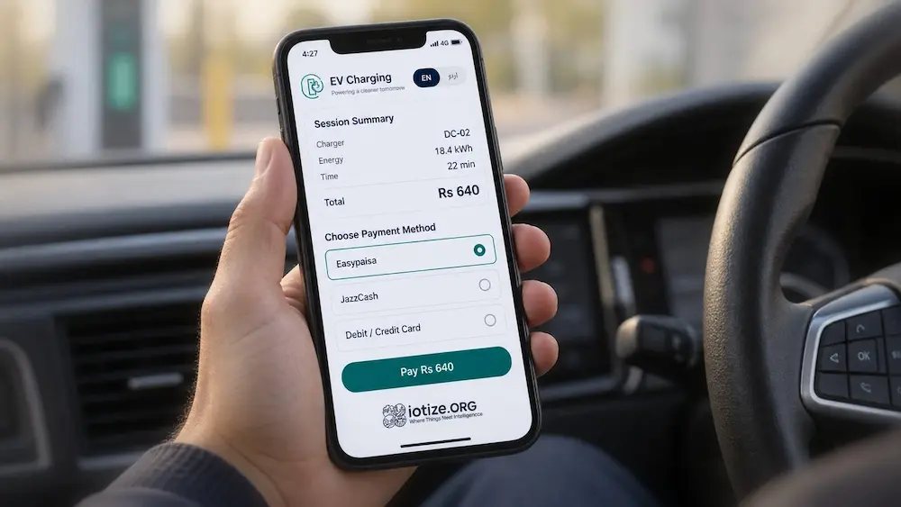 EV charging app checkout showing session details and Easypaisa, JazzCash and card payment options.
