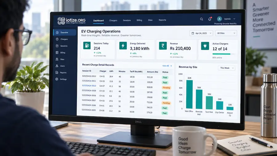 ChargeNest operator dashboard showing charger status, charging sessions, energy delivered and revenue.