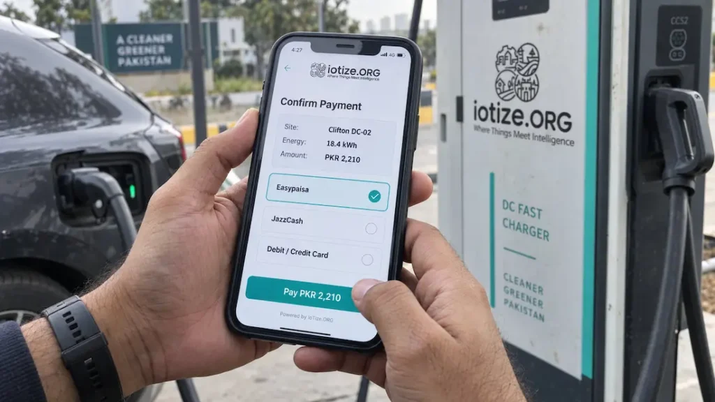 EV charging payment screen showing a session amount and Easypaisa, JazzCash and card options