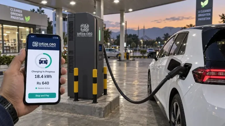 Driver checks an EV charging session on a mobile app while a DC charger powers a car in Pakistan.
