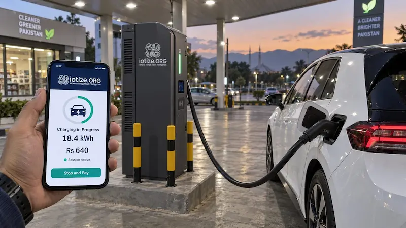 Driver checks an EV charging session on a mobile app while a DC charger powers a car in Pakistan.