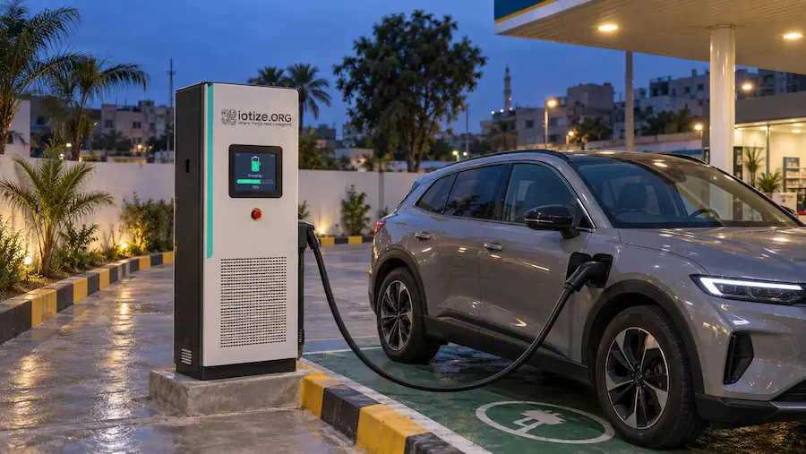 Wall-mounted AC EV chargers in a covered mall car park in Pakistan, illustrating a high-dwell site for an EV charging business.