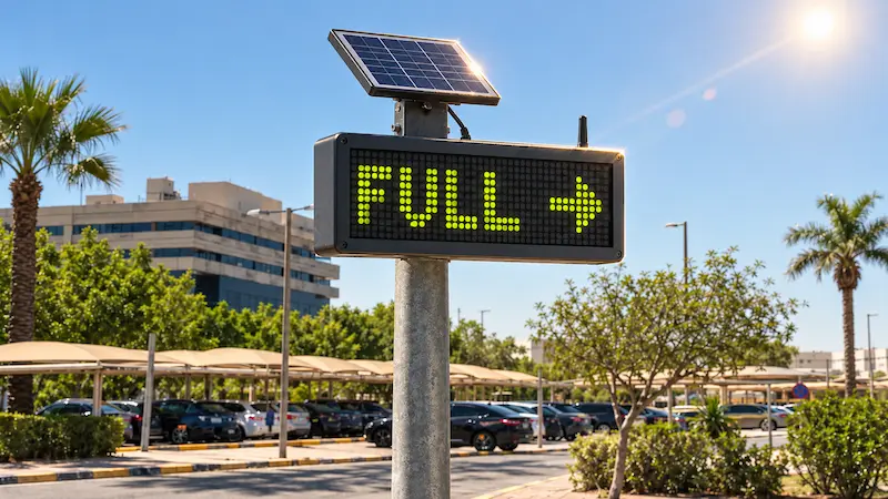 Solar powered flip-dot parking display staying readable in direct sunlight at a curbside bay