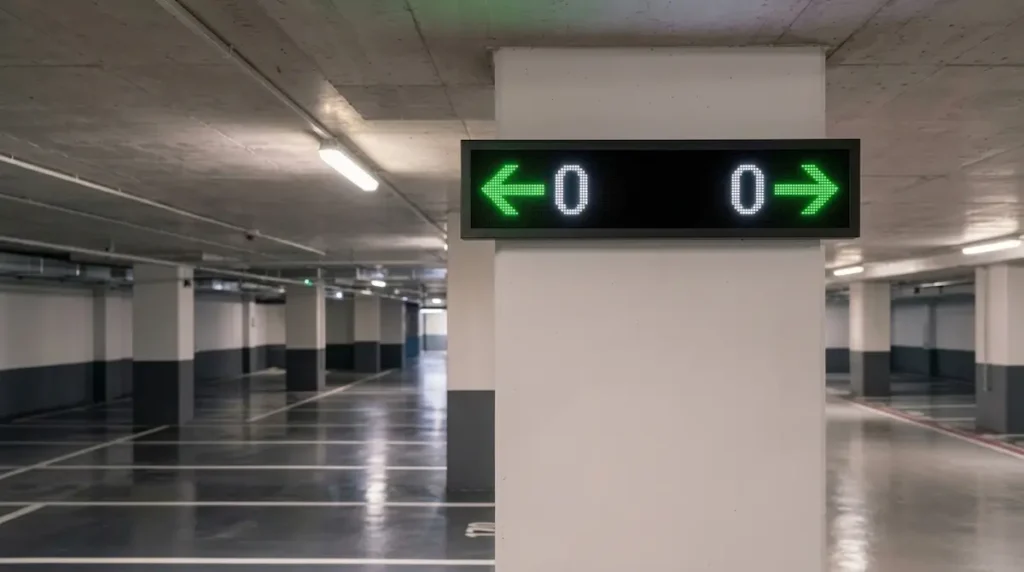 Indoor LED parking guidance signage mounted on a garage column showing directional arrows with zero available spaces on each side