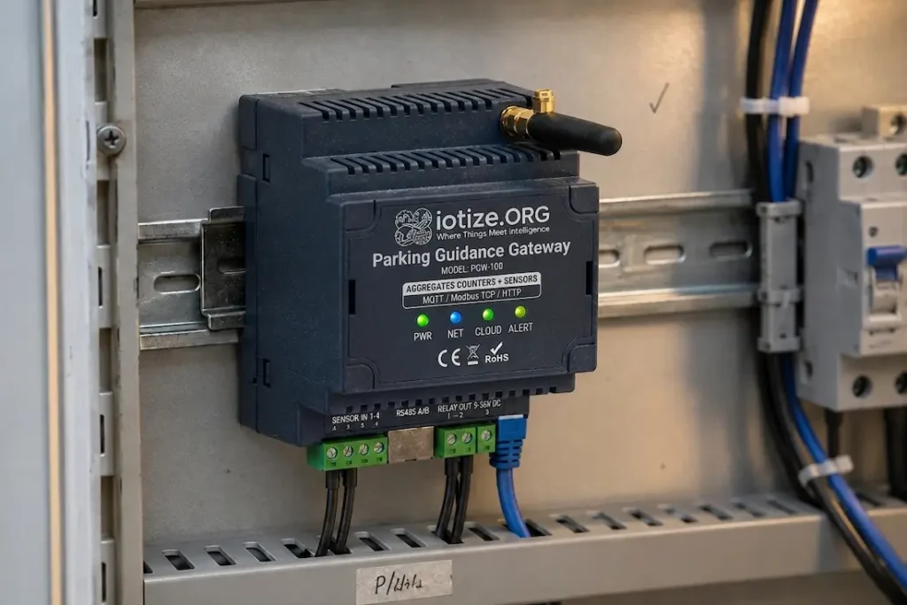 IoTize Parking Guidance Gateway IoT edge controller mounted in a parking facility utility cabinet