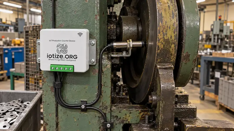 IoTize Affordable IoT Production Counter Device retrofitted to a legacy hand-fed machine to track runtime and idle time