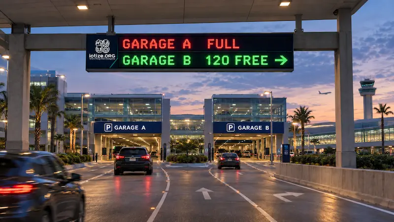IoTize overhead wayfinding sign at an airport parking structure showing Garage A full and Garage B with 120 free spaces