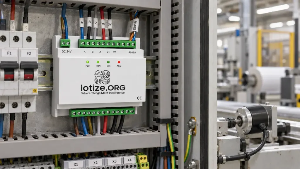 IoTize Enterprise IoT Production Counter Device on a DIN rail inside a control panel, wired for encoder A/B/Z production counting